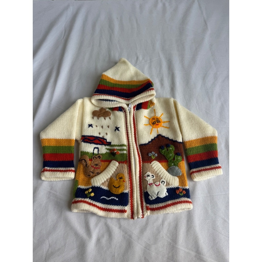 Vintage Handmade Knit Hooded Cardigan Kids Rainbow Llama Squirrel Whimsical 2T